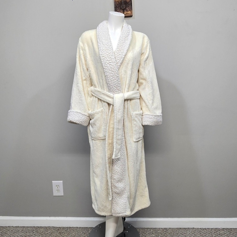 Natori Robe Women Large Cream Plush Fleece Sherpa Trim Floral Embossed Bathrobe